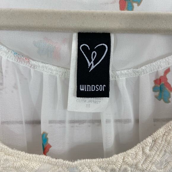 Windsor M Multicolor Boho Paisley Floral Crochet Lace Short Sleeve Chiffon Top - Picture 6 of 7